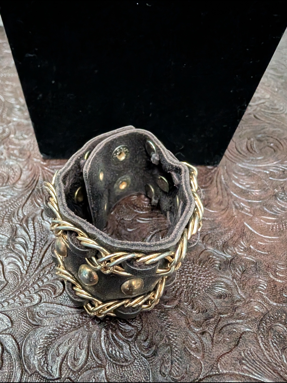 Chunky Black Leather Cuff Bracelet with Gold Chain Accents